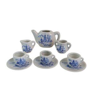 Vintage 1960s Japanese Porcelain Miniature Childs Tea Set 9 Pc Blue White Japan